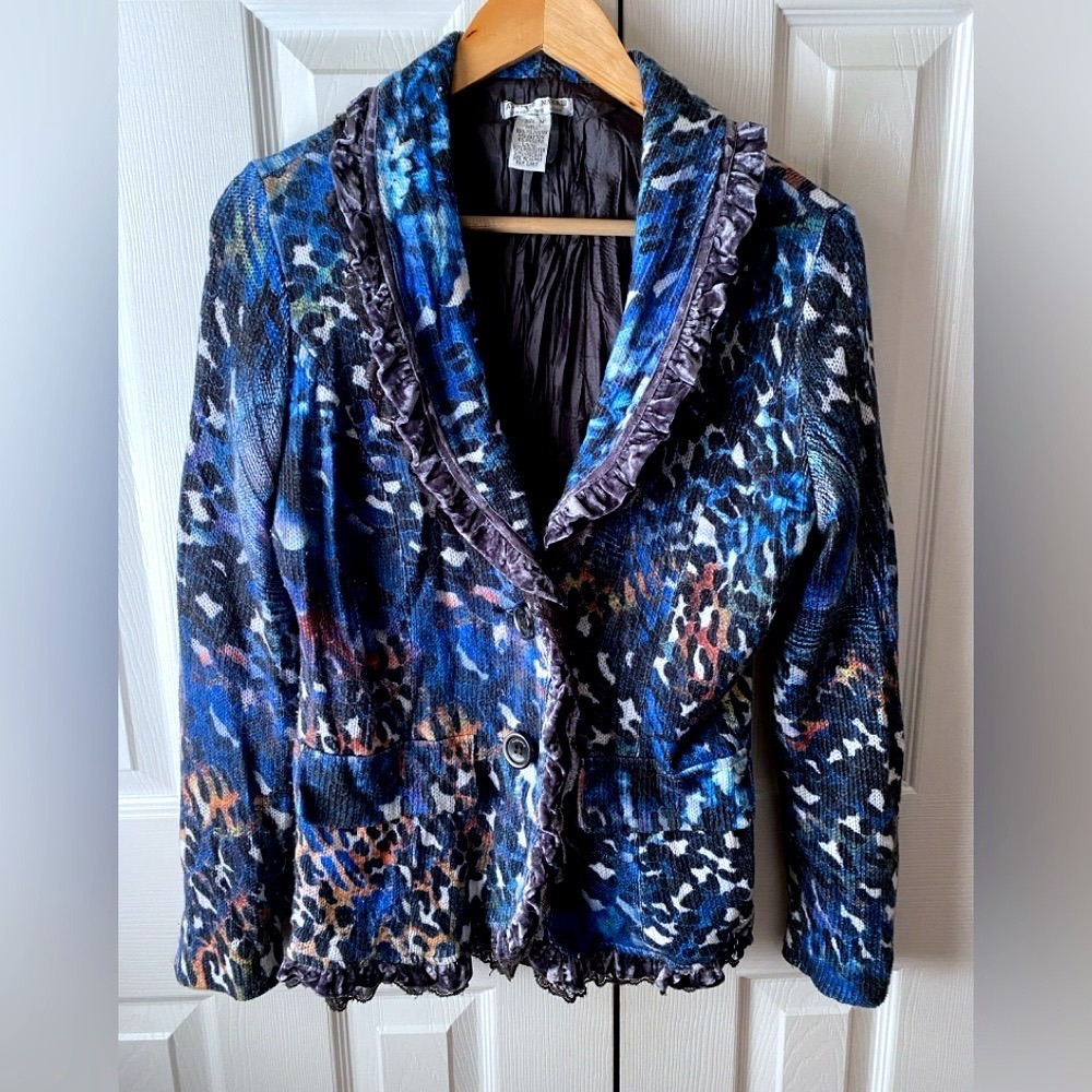 VINTAGE ALBERTO MAKALI Animal Print Knit Velvet Trim Button Front Blazer M